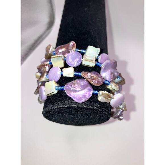 Purple South Seas Baroque Pearls Beaded Memory Wire Bracelet! - Picture 5 of 12
